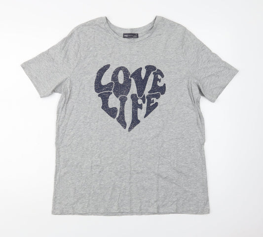 M&S Womens Grey  Cotton Basic T-Shirt Size 14 Crew Neck - Love