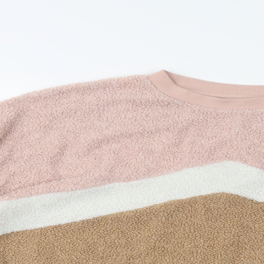 Close-up detail of New Look women’s multicoloured geometric polyester pullover sweatshirt, size UK 8