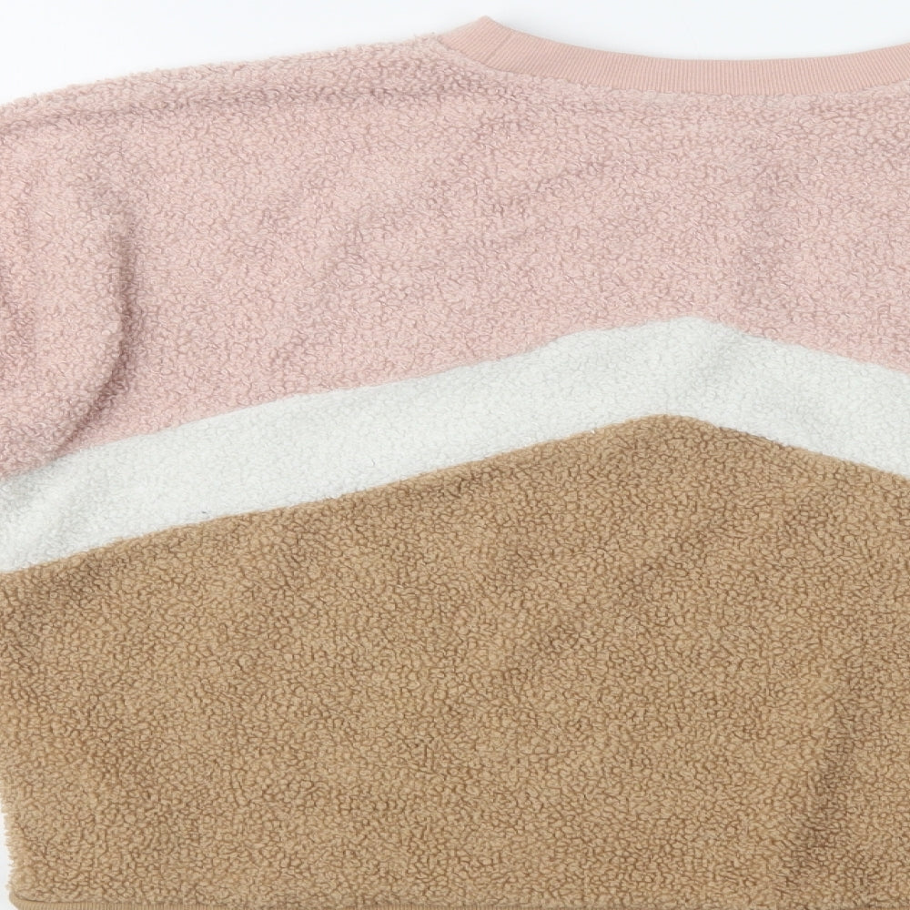 Brand and care label for New Look women’s multicoloured geometric polyester pullover sweatshirt, size UK 8