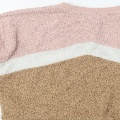 Brand and care label for New Look women’s multicoloured geometric polyester pullover sweatshirt, size UK 8