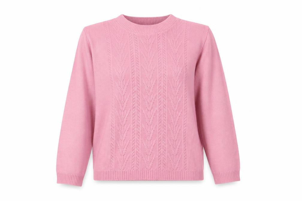 Front view of In Stitches women’s pink crew neck acrylic jumper, size L