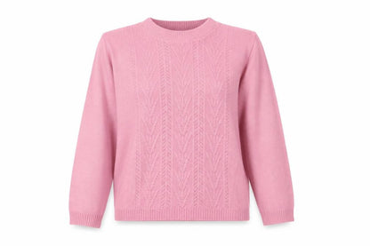Front view of In Stitches women’s pink crew neck acrylic jumper, size L