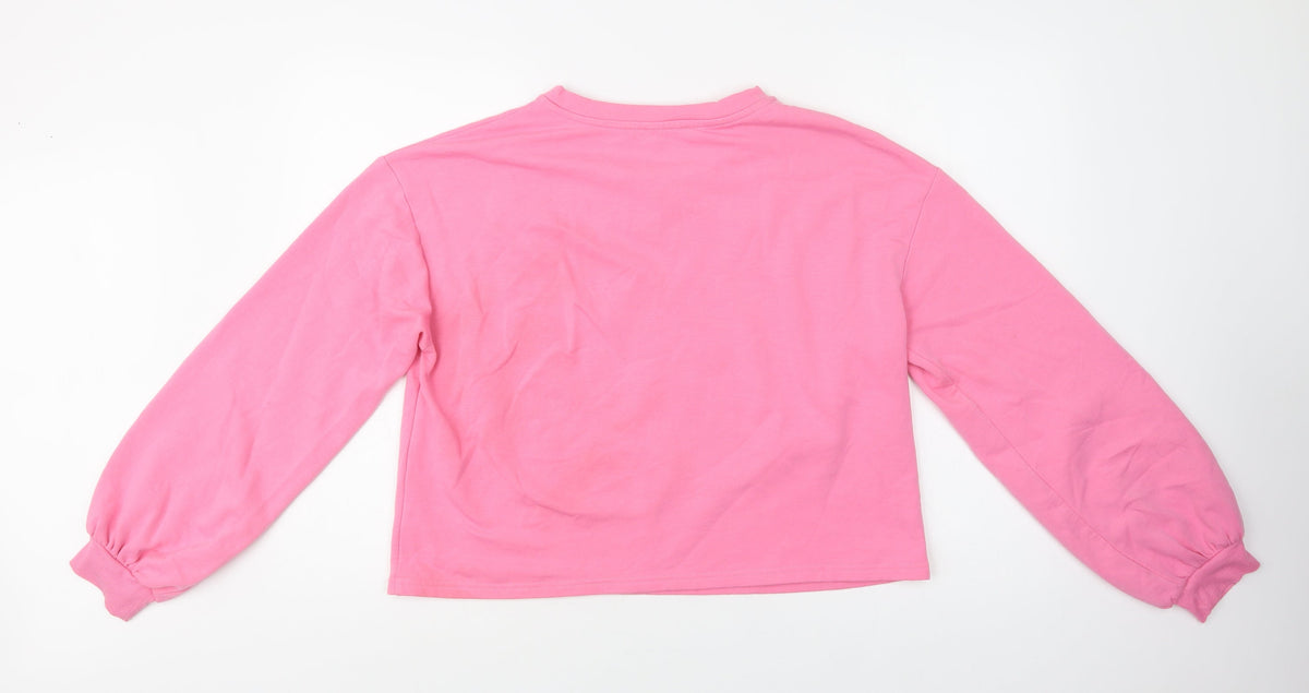 Back view of New Look women’s pink polyester pullover sweatshirt, size UK 14
