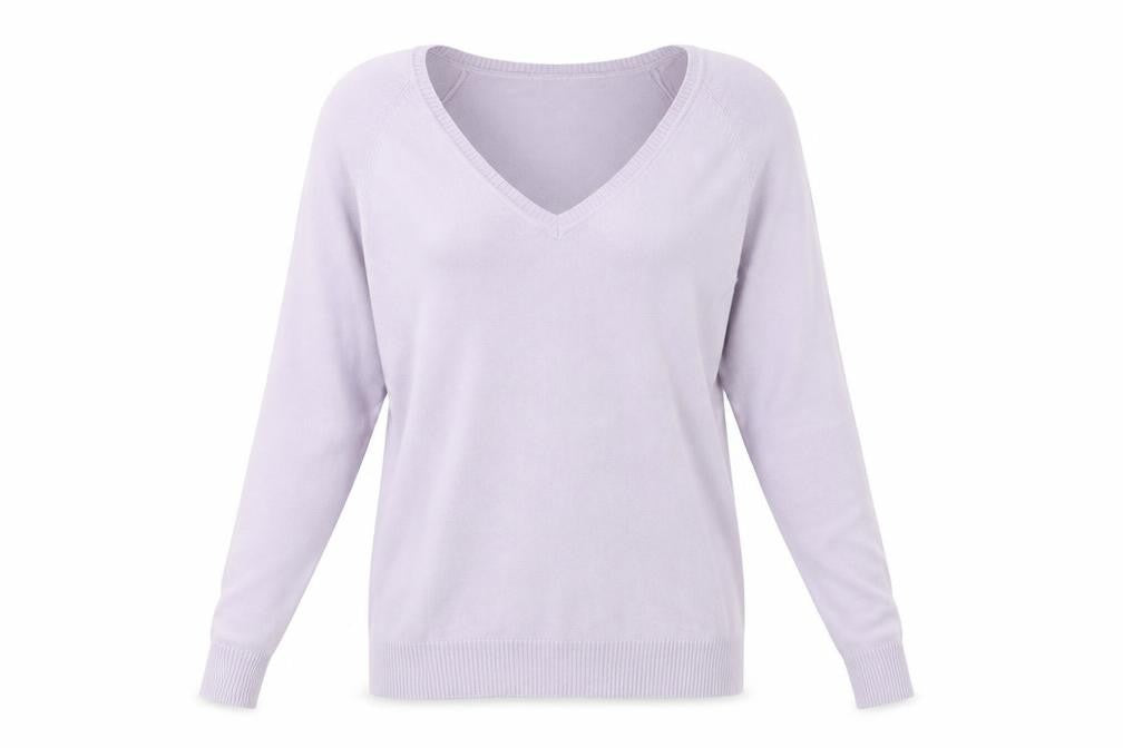 Front view of Preworn women’s purple v-neck cotton jumper, size L