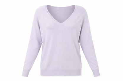 Front view of Preworn women’s purple v-neck cotton jumper, size L