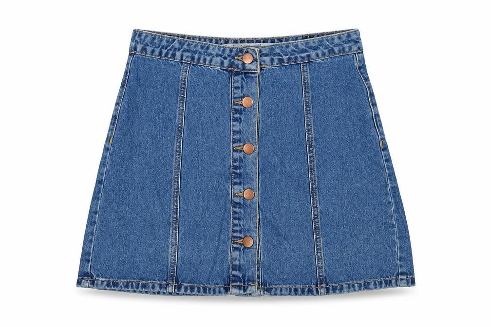 Front view of Denim & Co. women’s blue cotton a-line skirt, size UK 10, button - distressed