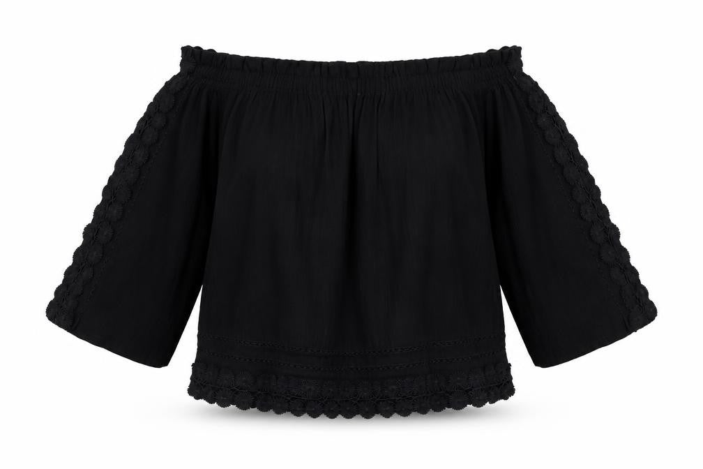 Front view of Topshop women’s black cotton basic blouse, size UK 8, off the shoulder - crochet detail