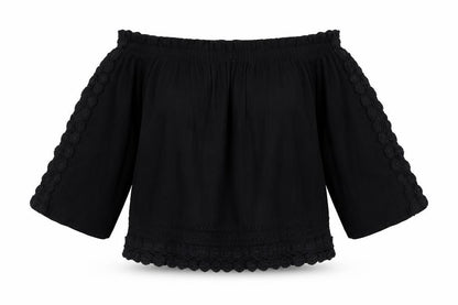 Front view of Topshop women’s black cotton basic blouse, size UK 8, off the shoulder - crochet detail