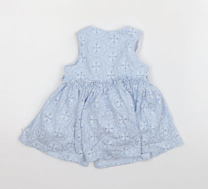Matalan Girls Blue Geometric Cotton Tank Dress  Size 3-6 Months  Round Neck Button
