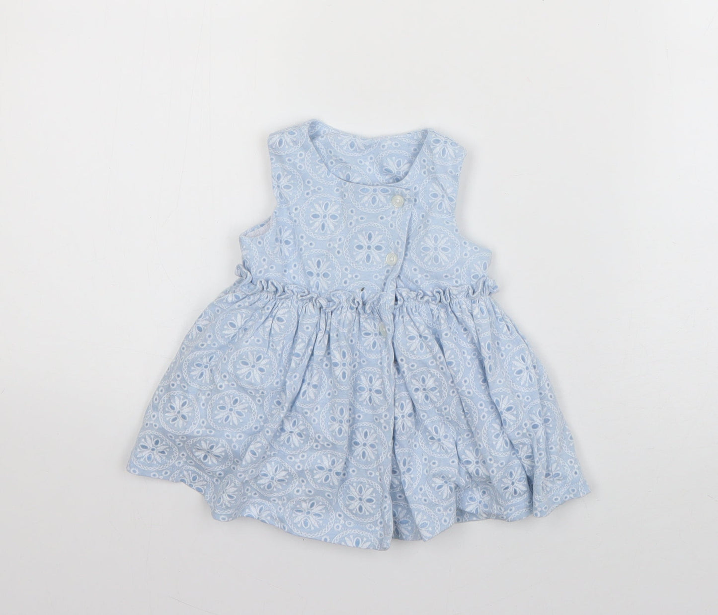 Matalan Girls Blue Geometric Cotton Tank Dress  Size 3-6 Months  Round Neck Button