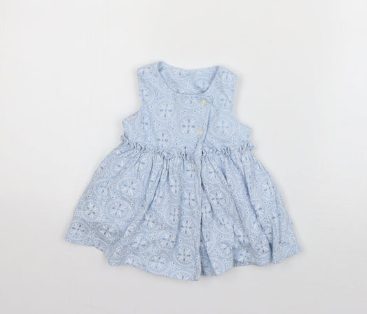 Matalan Girls Blue Geometric Cotton Tank Dress  Size 3-6 Months  Round Neck Button