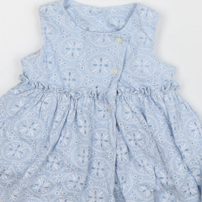 Matalan Girls Blue Geometric Cotton Tank Dress  Size 3-6 Months  Round Neck Button