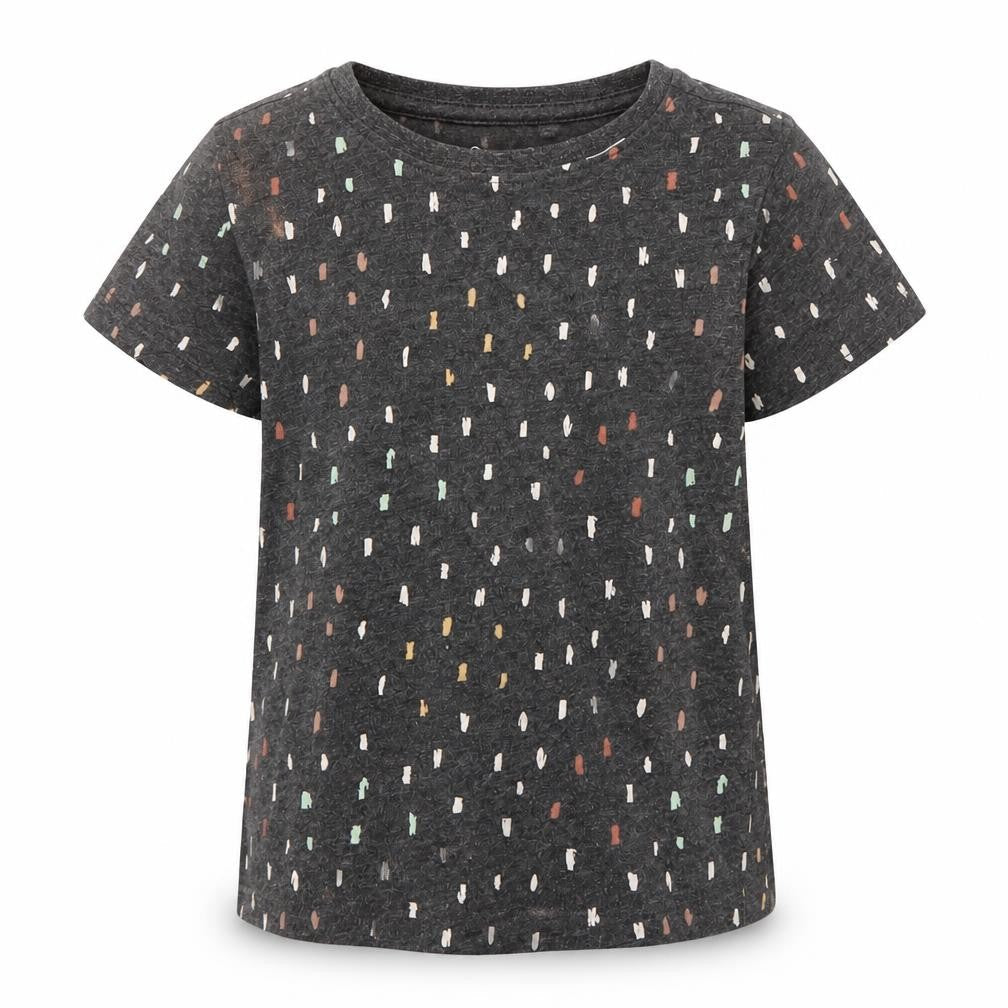 Front view of Hullabaloo girls’ grey polka dot cotton basic t-shirt, size 4-5, years round neck pullover