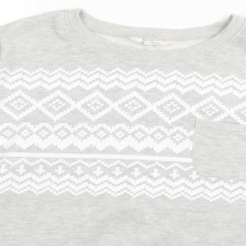 Close-up detail of Original Essentials women’s grey geometric cotton pullover sweatshirt, size UK 8, pullover