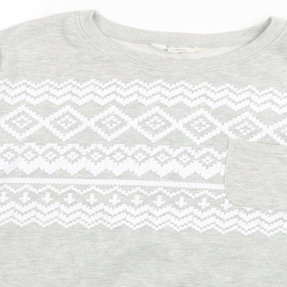 Close-up detail of Original Essentials women’s grey geometric cotton pullover sweatshirt, size UK 8, pullover
