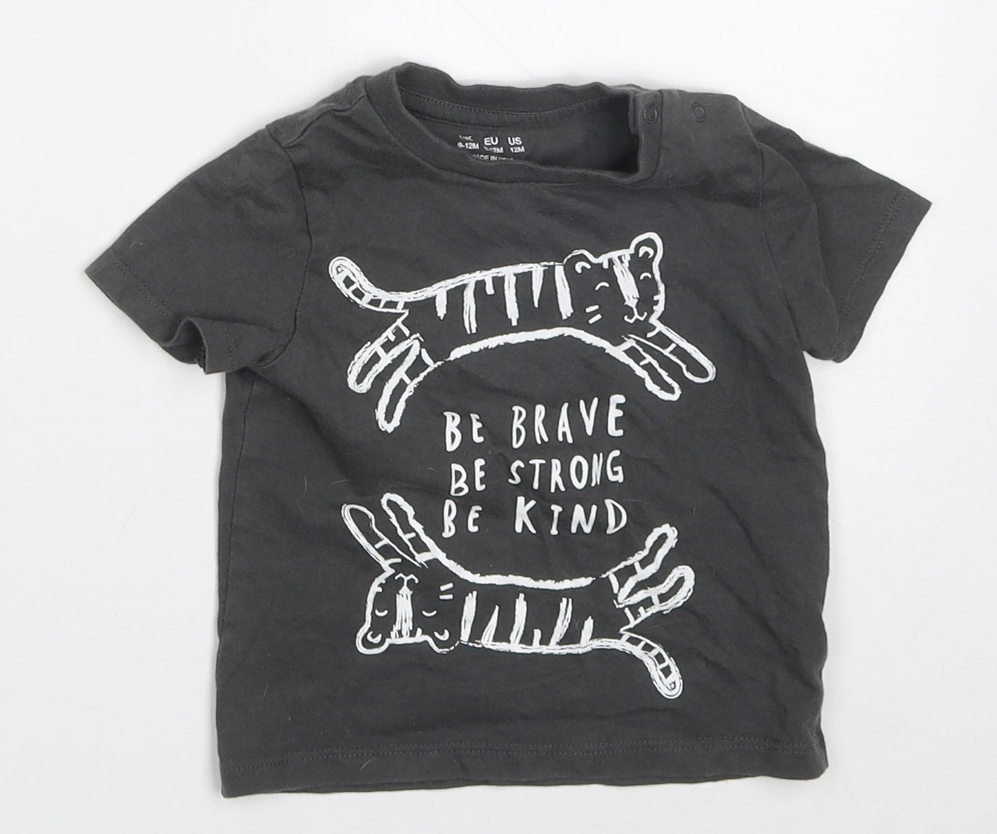 F&F Boys Grey  Cotton Basic T-Shirt Size 9-12 Months Crew Neck Pullover - Tigers Be Strong Brave