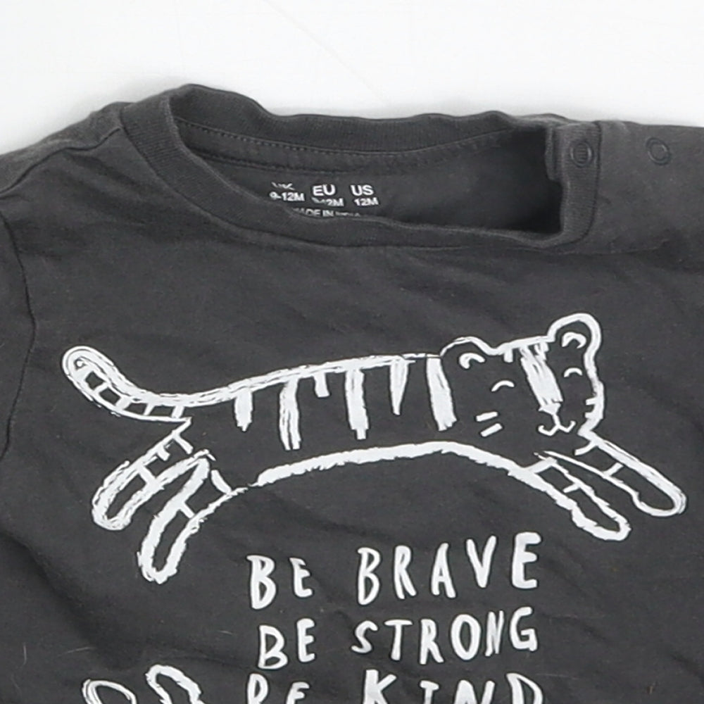 F&F Boys Grey  Cotton Basic T-Shirt Size 9-12 Months Crew Neck Pullover - Tigers Be Strong Brave