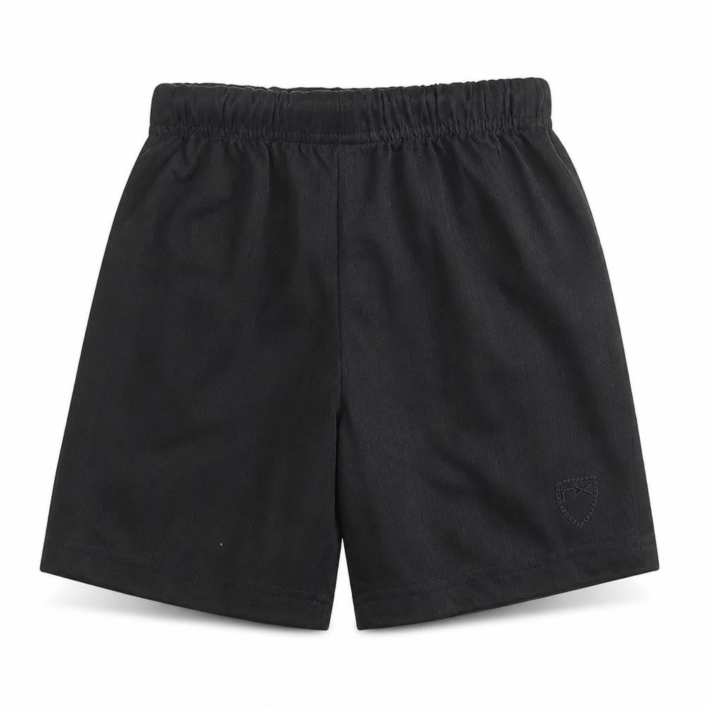 Front view of Next boys’ black striped polyester sweat shorts, size 6, years regular drawstring