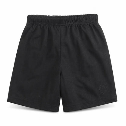 Front view of Next boys’ black striped polyester sweat shorts, size 6, years regular drawstring