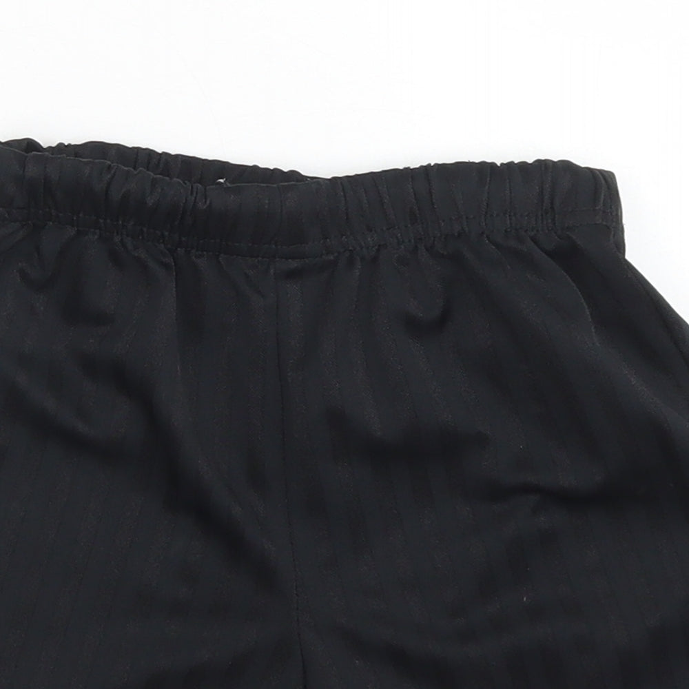 Close-up detail of Next boys’ black striped polyester sweat shorts, size 6, years regular drawstring