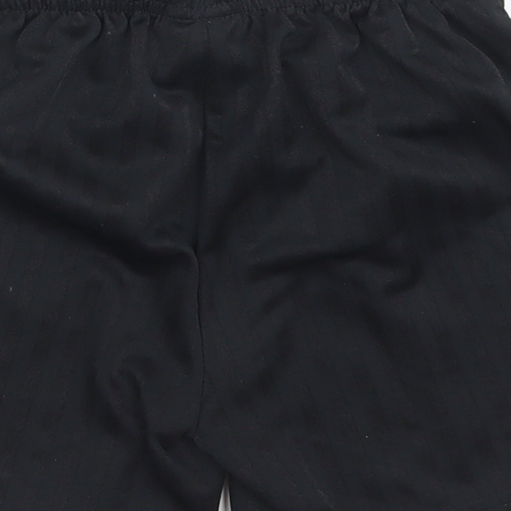 Brand and care label for Next boys’ black striped polyester sweat shorts, size 6, years regular drawstring