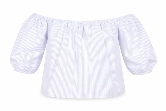 Front view of Quiz women’s white striped polyester basic blouse, size UK 10, off the shoulder