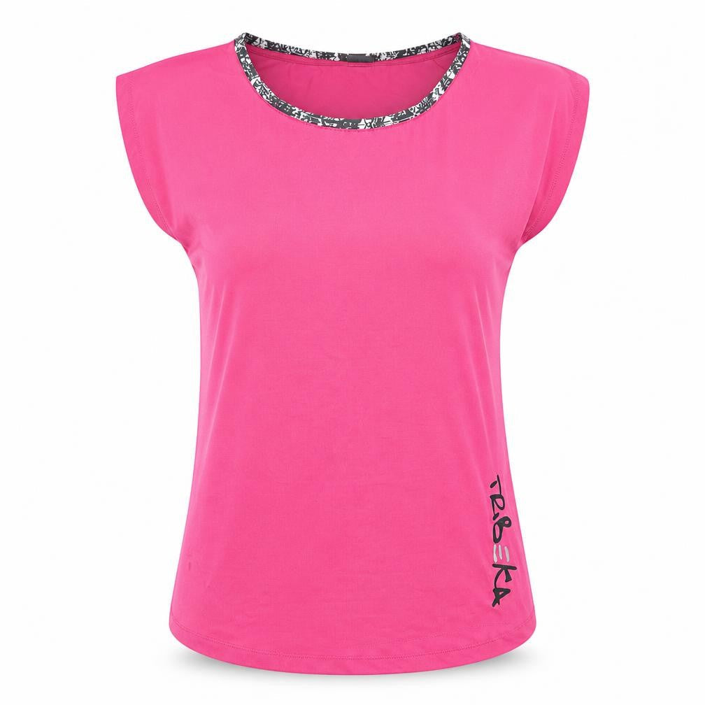 Front view of TRBEKA women’s pink polyester basic t-shirt, size M, round neck