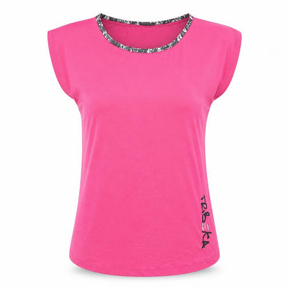 Front view of TRBEKA women’s pink polyester basic t-shirt, size M, round neck