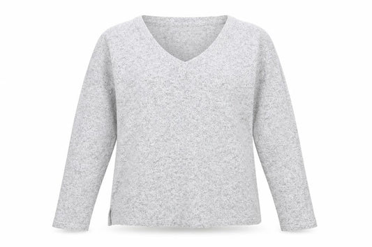 Front view of Avenue women’s grey v-neck viscose jumper, size UK 12