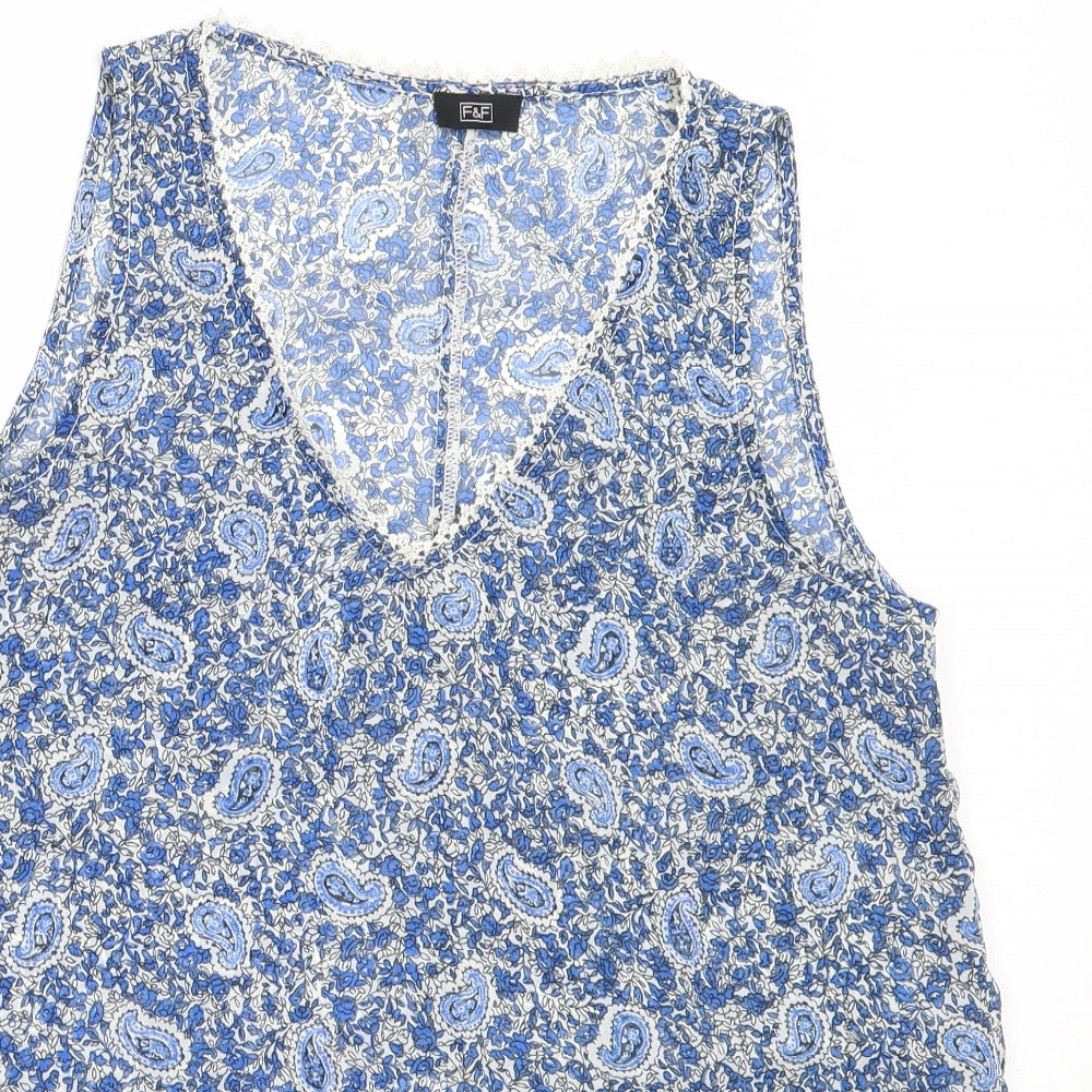 F&F Womens Blue Geometric Polyester Basic Blouse Size 12 V-Neck
