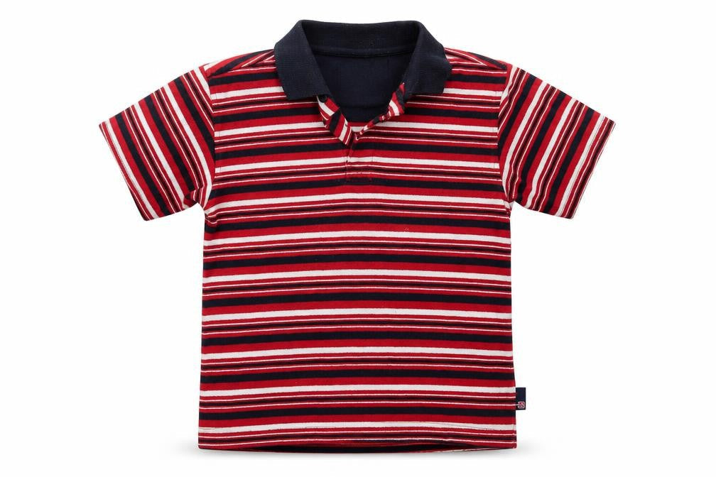 Front view of Blue Base boys’ red striped polyester basic polo, size 4-5, years collared