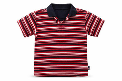 Front view of Blue Base boys’ red striped polyester basic polo, size 4-5, years collared