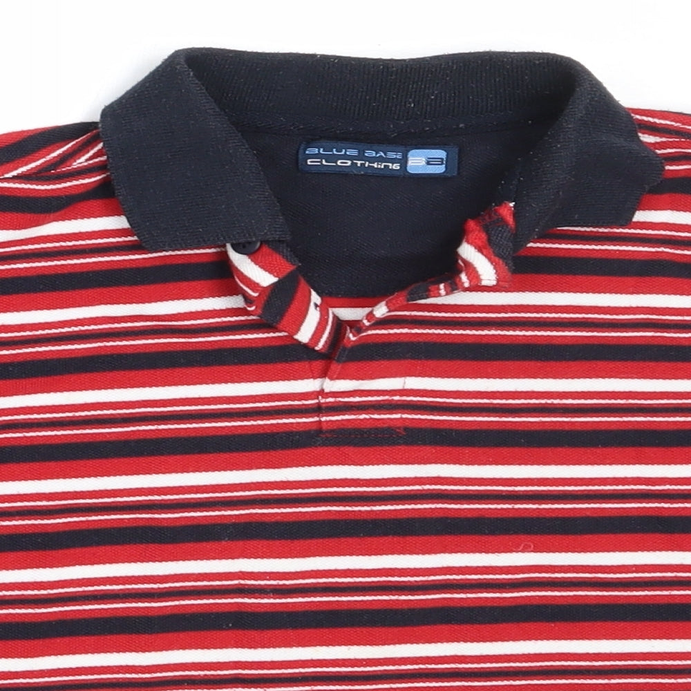 Close-up detail of Blue Base boys’ red striped polyester basic polo, size 4-5, years collared