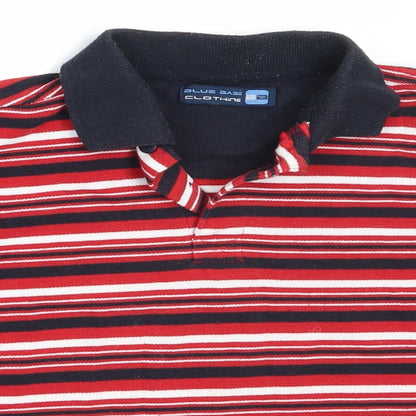 Close-up detail of Blue Base boys’ red striped polyester basic polo, size 4-5, years collared