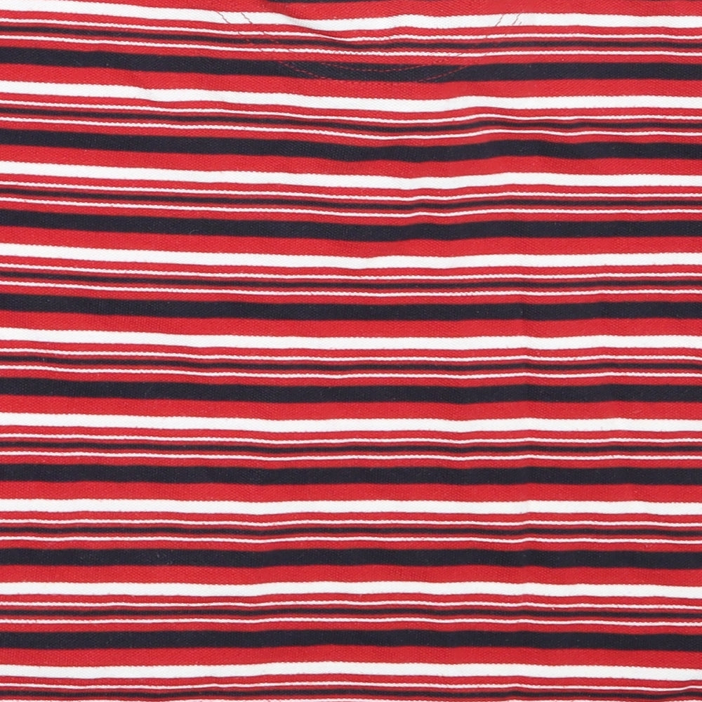 Brand and care label for Blue Base boys’ red striped polyester basic polo, size 4-5, years collared