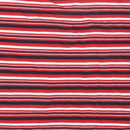 Brand and care label for Blue Base boys’ red striped polyester basic polo, size 4-5, years collared