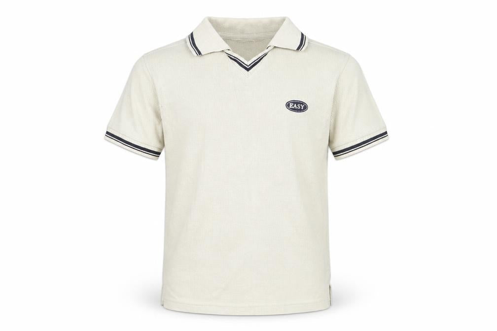 Front view of Easy boys’ beige cotton basic polo, size 4-5, years collared