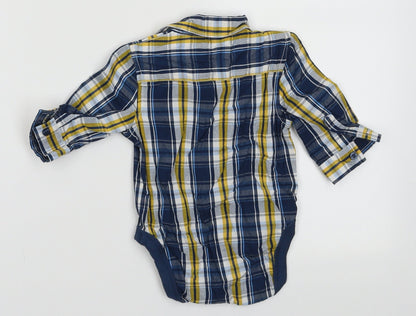 Back view of Mothercare boys’ black check cotton basic polo, size 0-3, months collared button