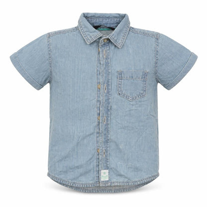 Front view of George boys’ blue cotton basic button-up, size 12-18, months collared button