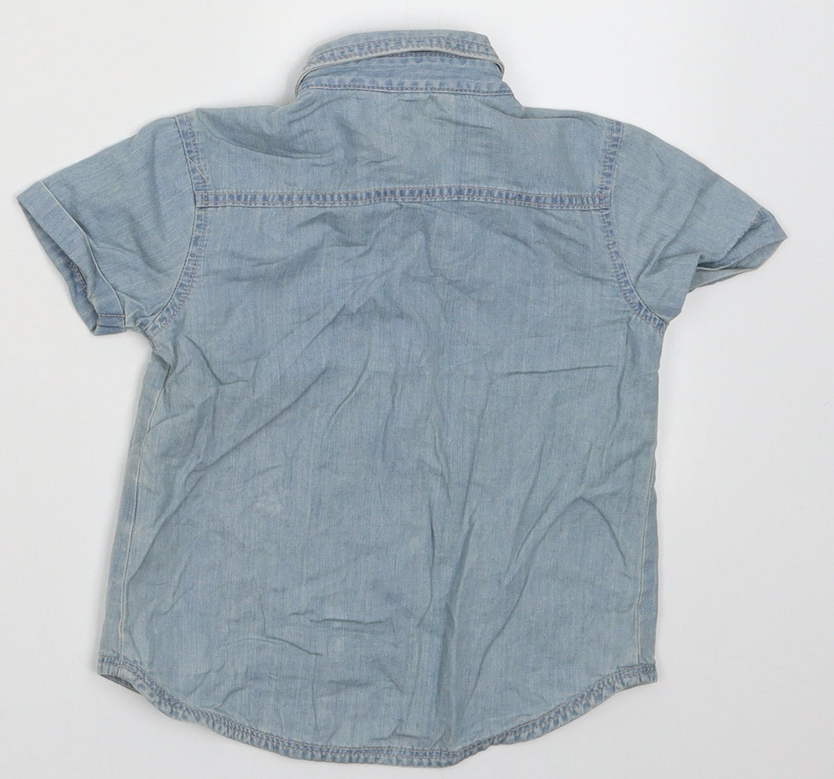 Back view of George boys’ blue cotton basic button-up, size 12-18, months collared button
