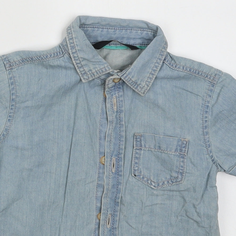 Close-up detail of George boys’ blue cotton basic button-up, size 12-18, months collared button