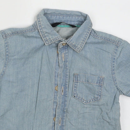 Close-up detail of George boys’ blue cotton basic button-up, size 12-18, months collared button