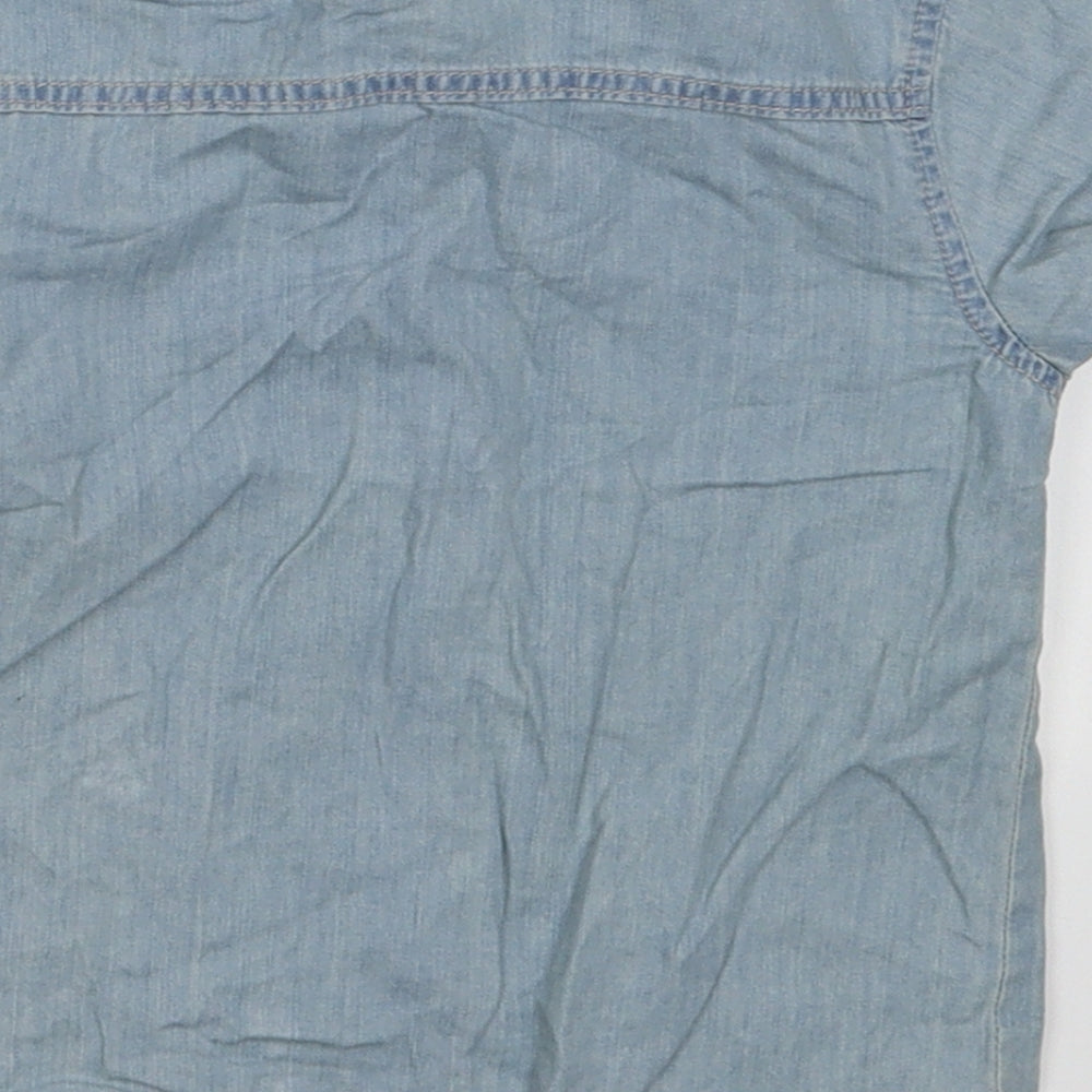 Brand and care label for George boys’ blue cotton basic button-up, size 12-18, months collared button