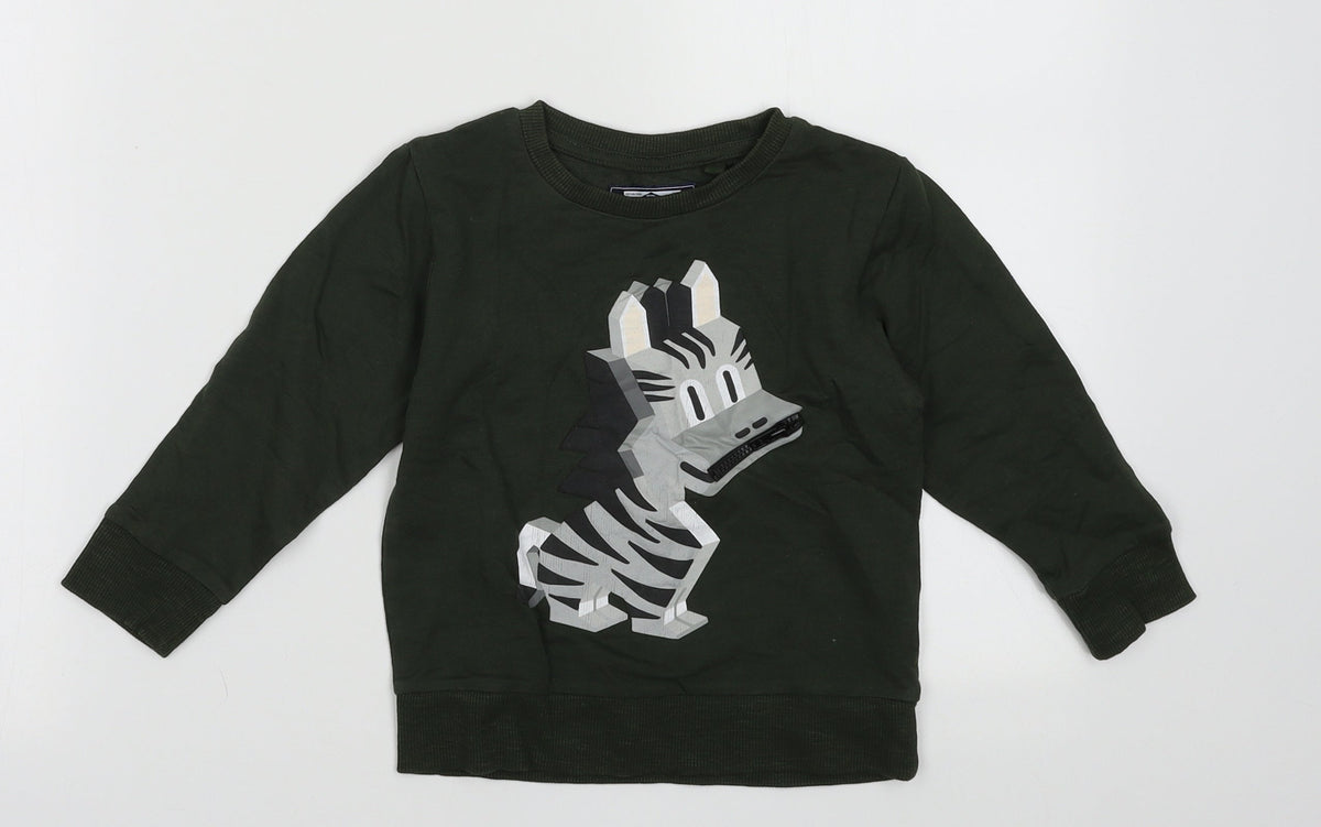 Additional front view of Next boys’ green cotton pullover sweatshirt, size 2, years pullover - zebra
