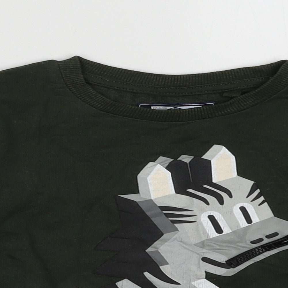 Close-up detail of Next boys’ green cotton pullover sweatshirt, size 2, years pullover - zebra