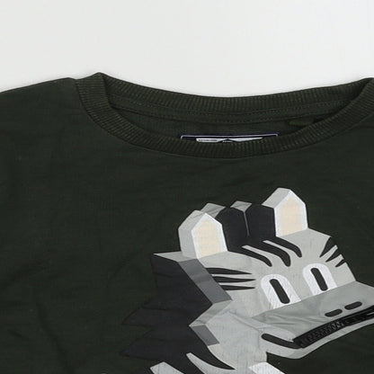 Close-up detail of Next boys’ green cotton pullover sweatshirt, size 2, years pullover - zebra