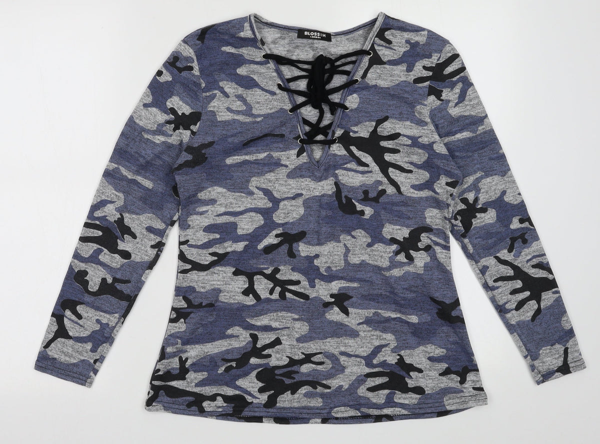 Front view of Blossom women’s blue camouflage polyester pullover sweatshirt, size M, pullover