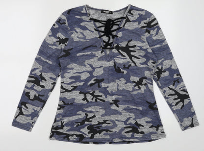 Front view of Blossom women’s blue camouflage polyester pullover sweatshirt, size M, pullover