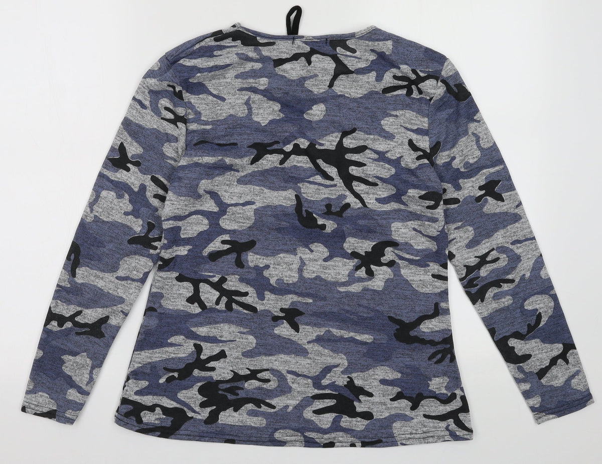 Back view of Blossom women’s blue camouflage polyester pullover sweatshirt, size M, pullover