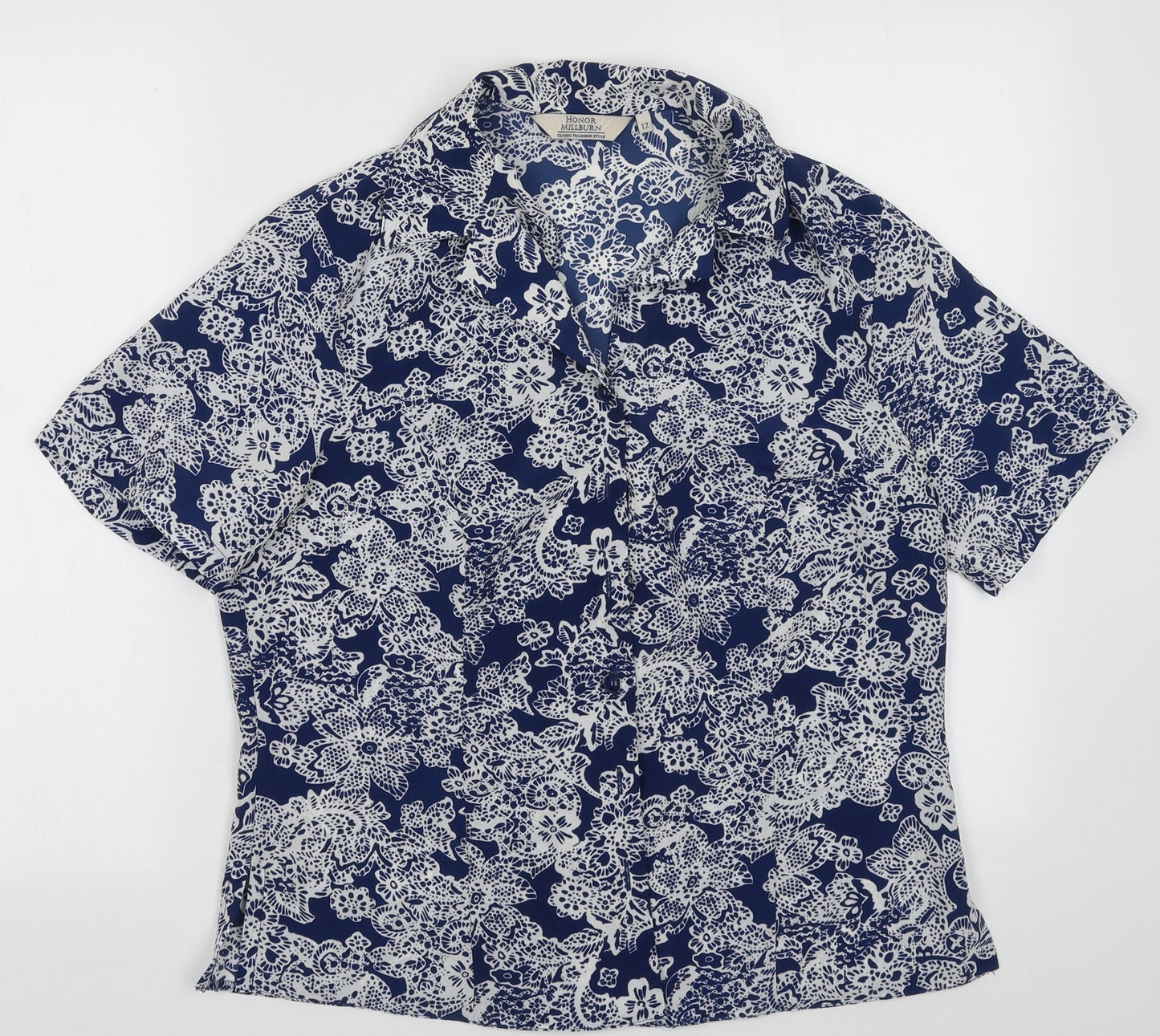 EWM Womens Blue Geometric Polyester Basic Button-Up Size 12 Collared